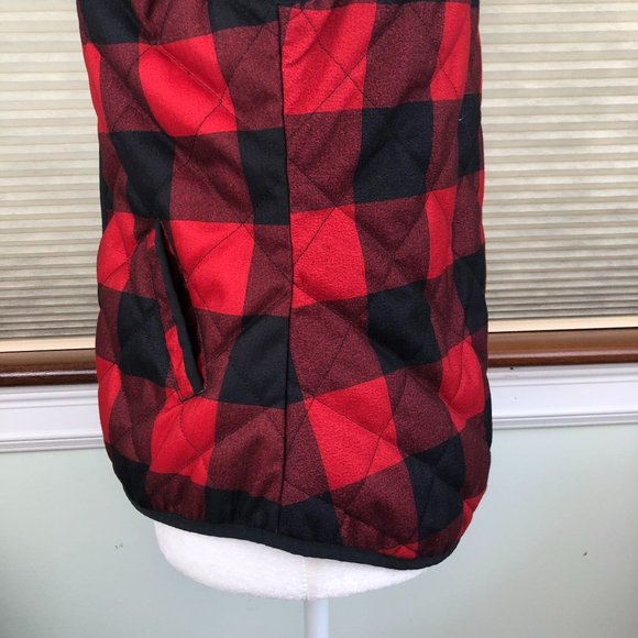 Old Navy Red & Black Buffalo Plaid Quilted Cozy Classic Zip Front Vest Cabincore - Picture 8 of 12